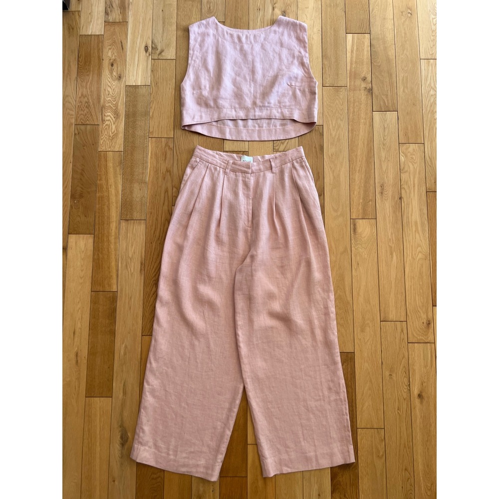 POSSE Martina Linen Crop Top Matching Set Wide Leg Trousers Pink Womens Size M